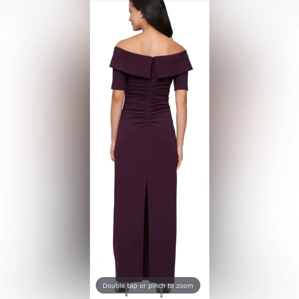 🪻Stretch Crepe off-the-Shoulder Gown, Aubergine, 8 - Picture 3 of 5